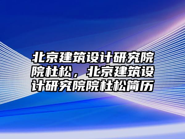 北京建筑設計研究院院杜松，北京建筑設計研究院院杜松簡歷